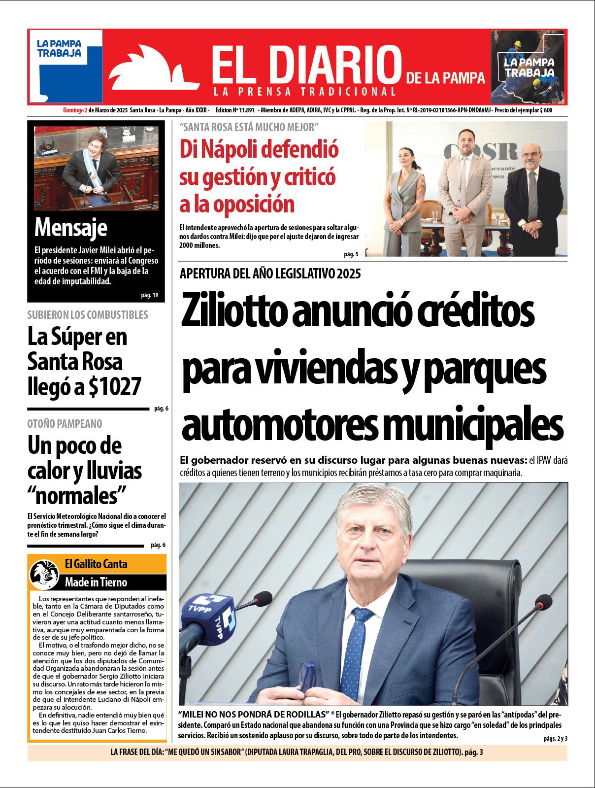 Tapa de El Diario en papel  domingo 02 de marzo de 2025